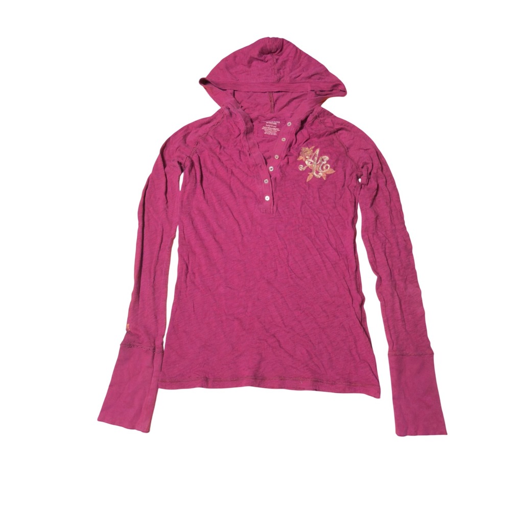 American Eagle Magenta Purple Hooded Henley Long Sleeve Top